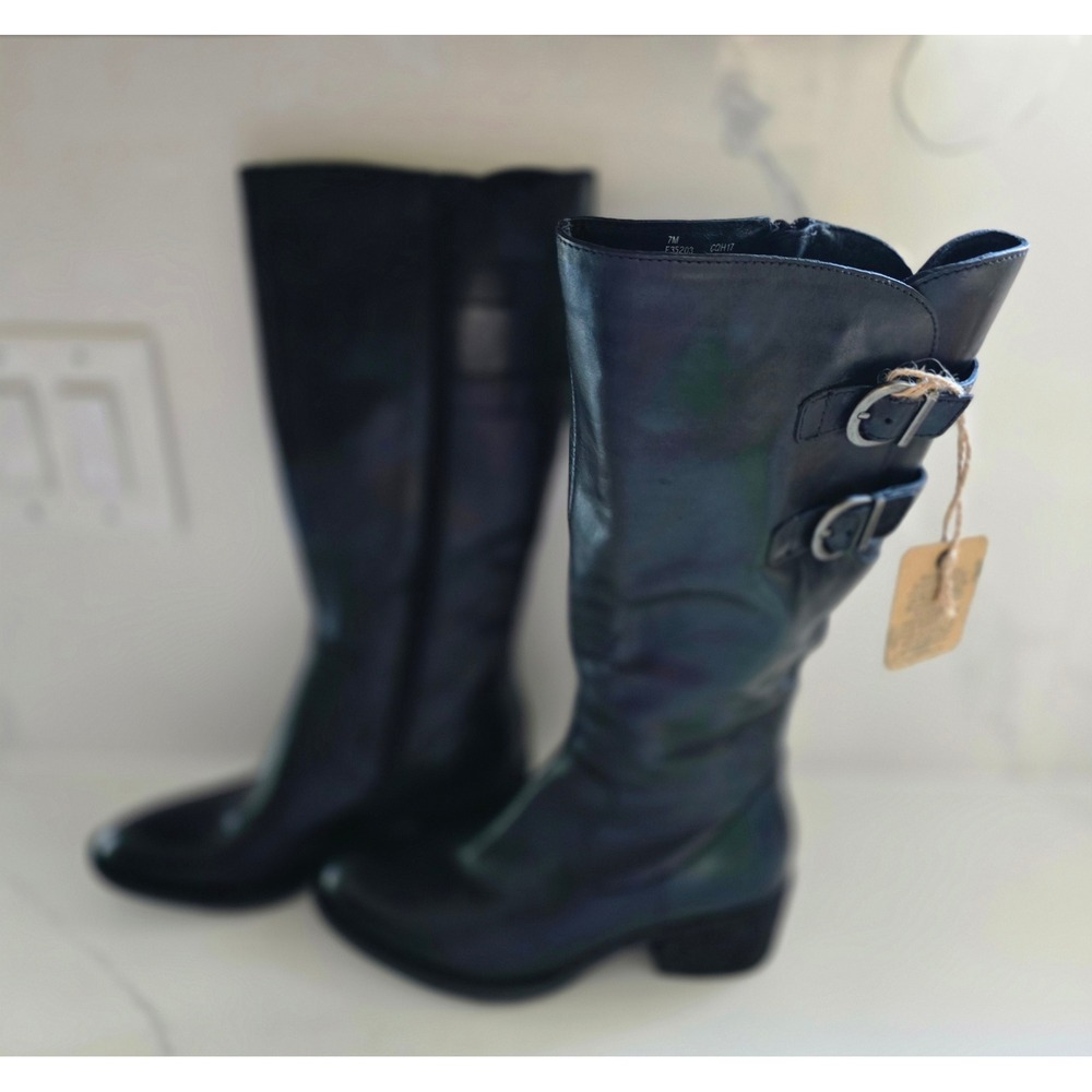 Born Black Leather Tall Buckle Boots Round‎ Toe Block Heel F35203 Womans 7M